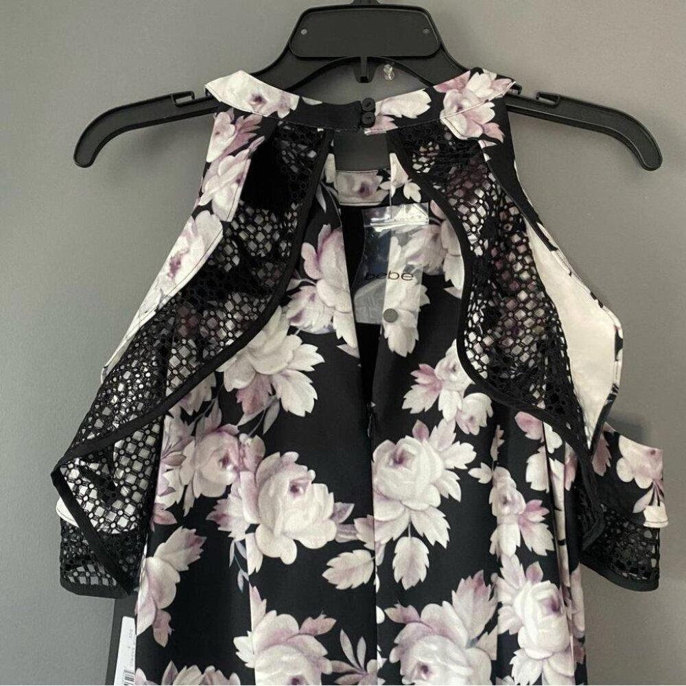 Lace Cold Shoulder Bebe Floral Mini Dress NWT Bodycon Sz 10 Black White Pink - Picture 4 of 16